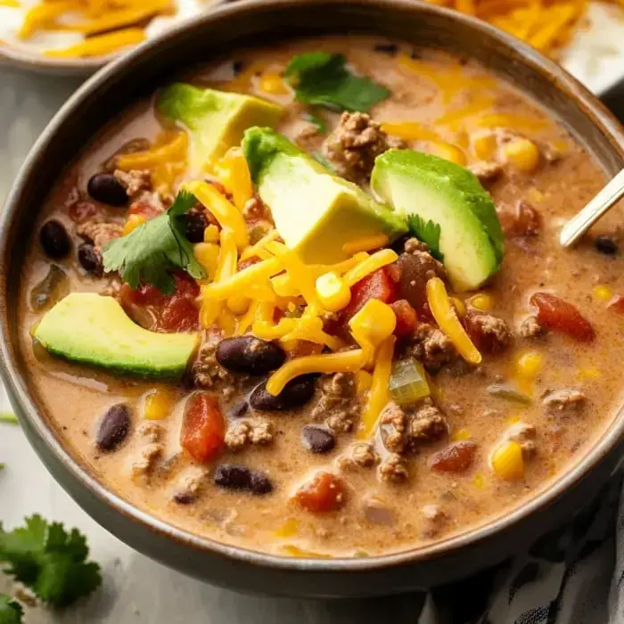 Un cuenco de sopa cremosa con carne picada, frijoles negros, maíz, tomates cortados, y cubierta con aguacate, queso rallado y cilantro.