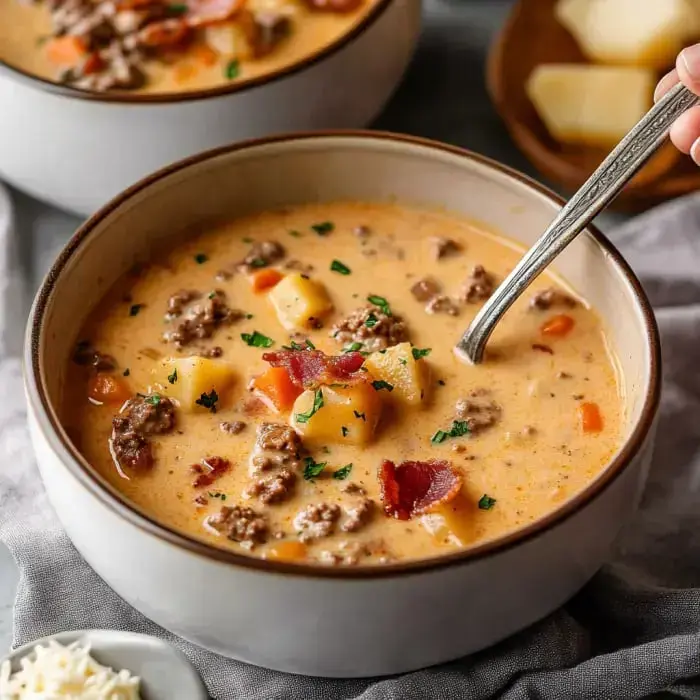 Primer plano de una sopa cremosa con carne picada, patatas en dados y tocino, adornada con perejil, servida en un tazón.