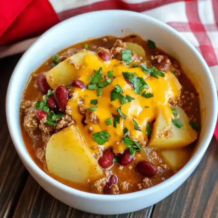 Un cuenco de chili cubierto con queso derretido, perejil picado y guarnecido con patatas y alubias rojas.