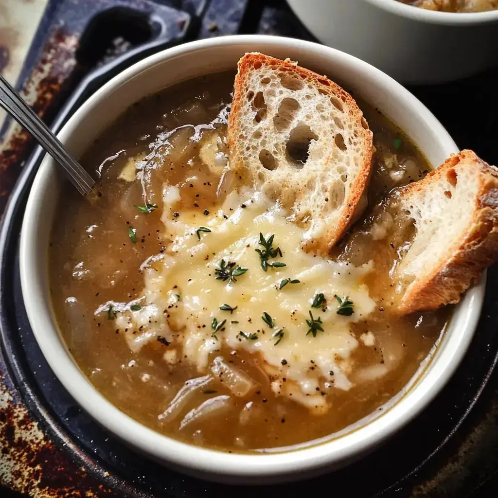 Un tazón de sopa cubierto con queso derretido y dos trozos de pan tostado, adornado con hierbas y servido con una cuchara.