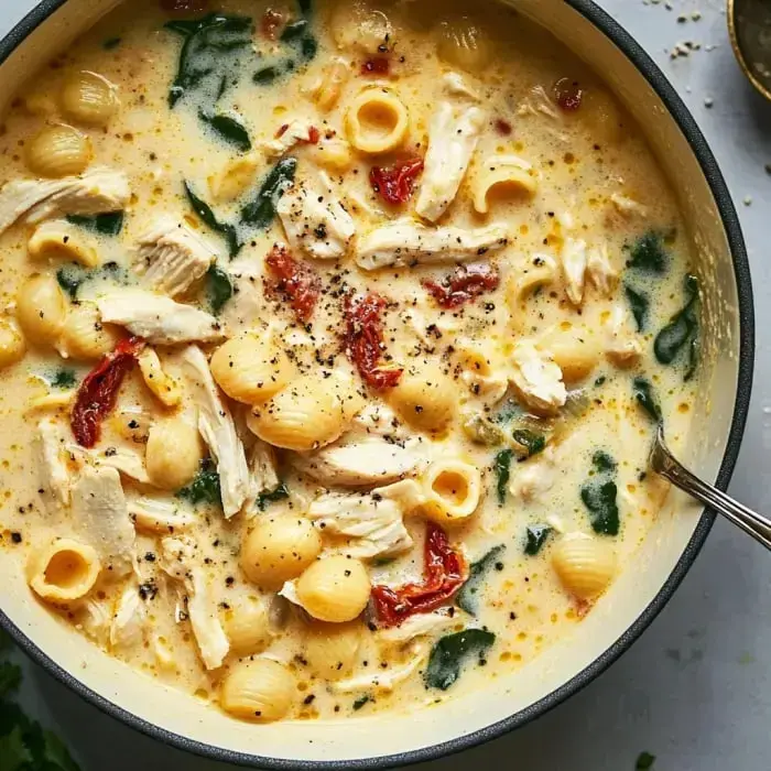 Una sopa cremosa de pollo y pasta con espinacas y tomates secos, decorada con pimienta negra.