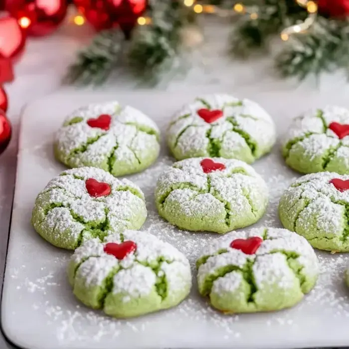 Una bandeja de galletas verdes espolvoreadas con azúcar glass y decoradas con caramelos rojos en forma de corazón.