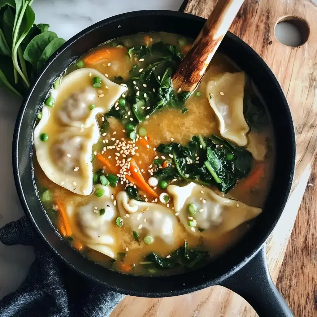 Una sartén negra llena de sopa de dumplings con empanadillas, espinacas y zanahorias en un caldo sabroso, decorada con semillas de sésamo y cebolleta.