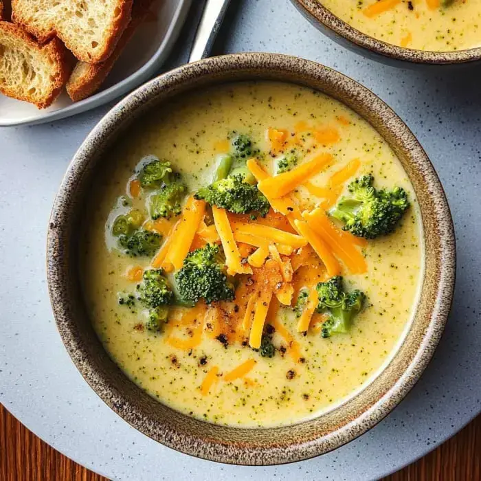 Un tazón de sopa cremosa de brócoli con queso coronada con queso cheddar rallado, servida junto a rebanadas de pan tostado.