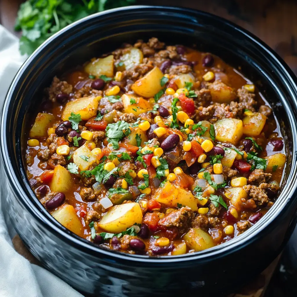 Un primer plano de un abundante guiso de carne y verduras con patatas, maíz y alubias, decorado con cilantro fresco, servido en un cuenco negro.