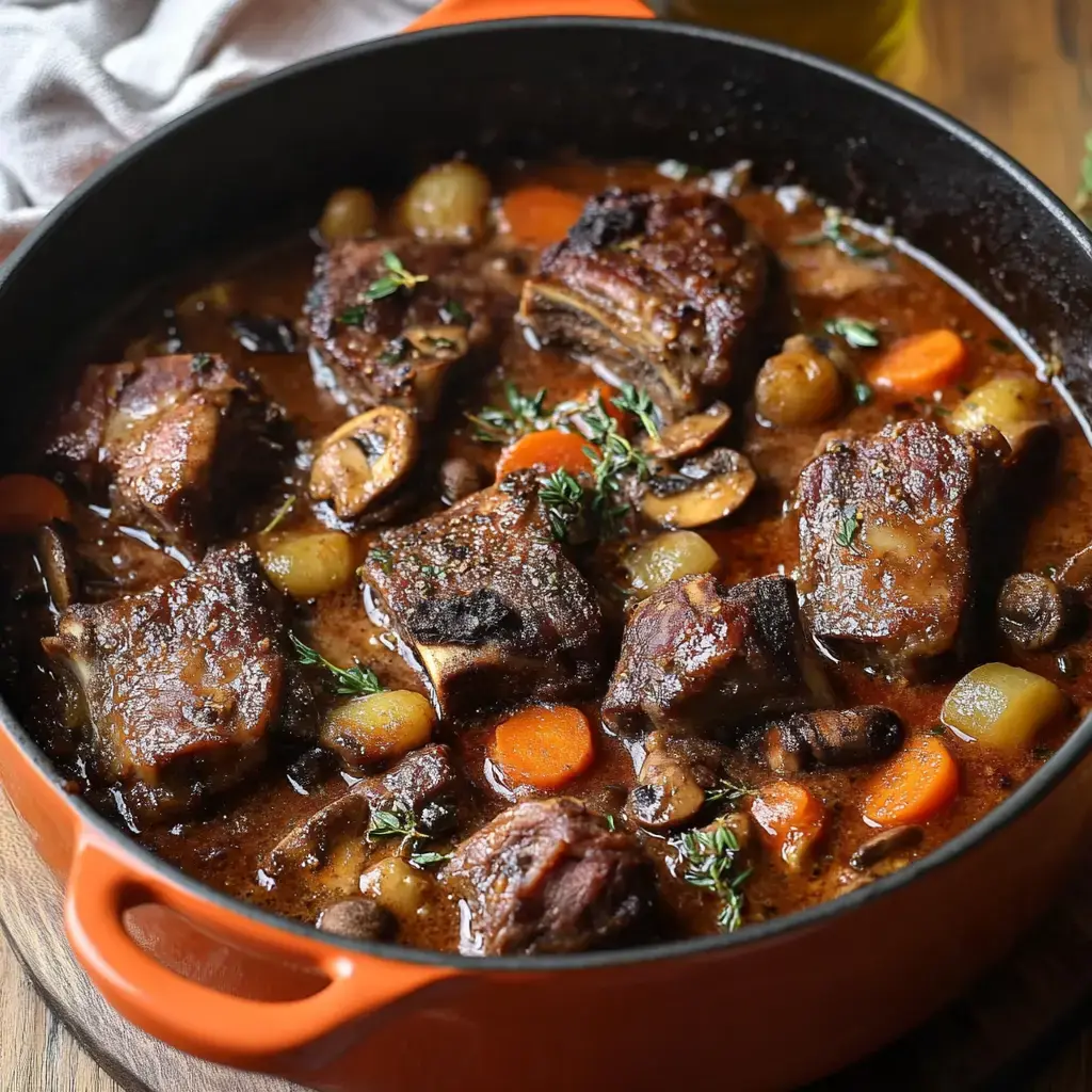 Un primer plano de una olla llena de costillas de res estofadas y verduras cocinándose en una rica salsa.