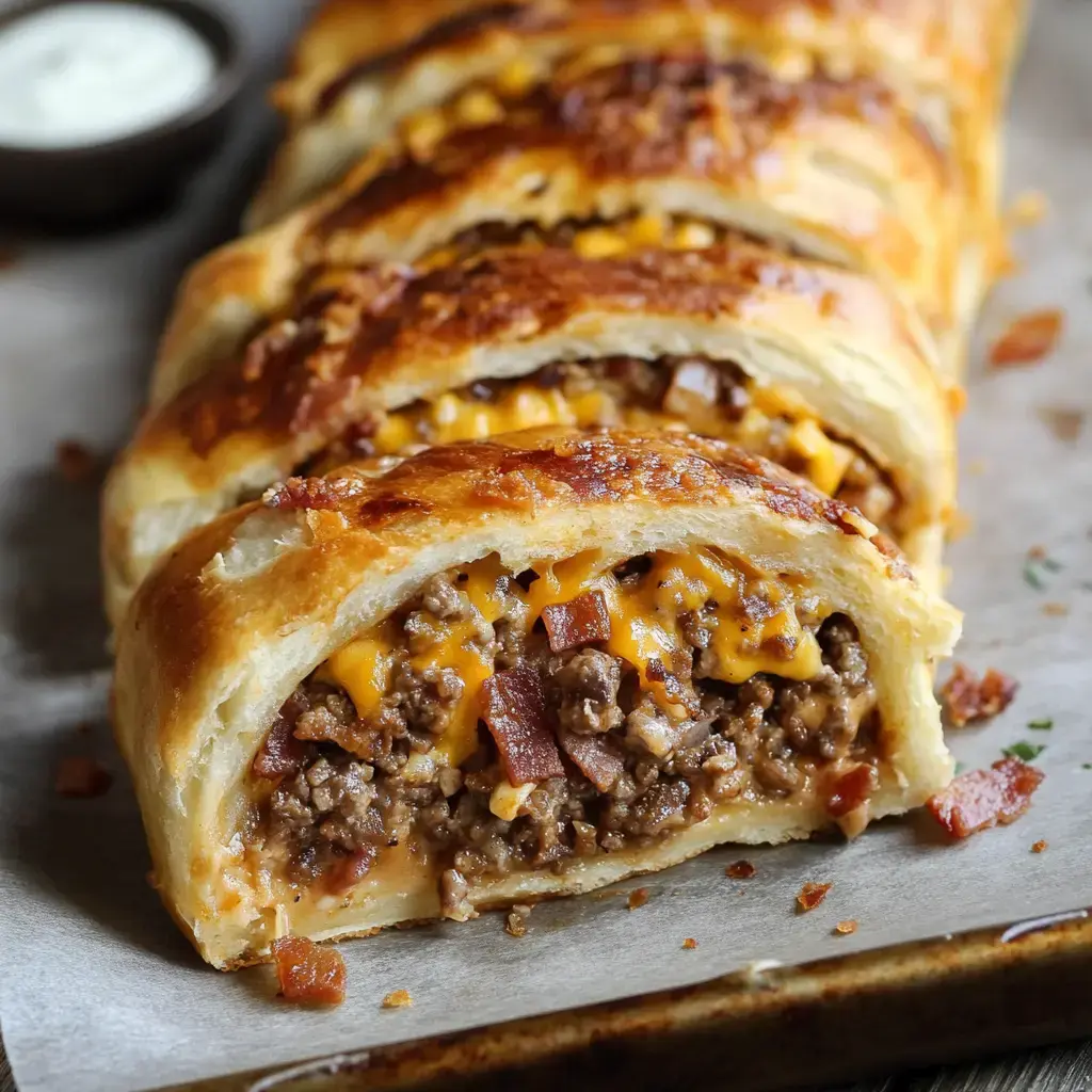 Un primer plano de un pastel salado de carne y queso, cortado para revelar un relleno de carne picada, queso cheddar y tocino, servido con un pequeño cuenco de salsa para mojar.