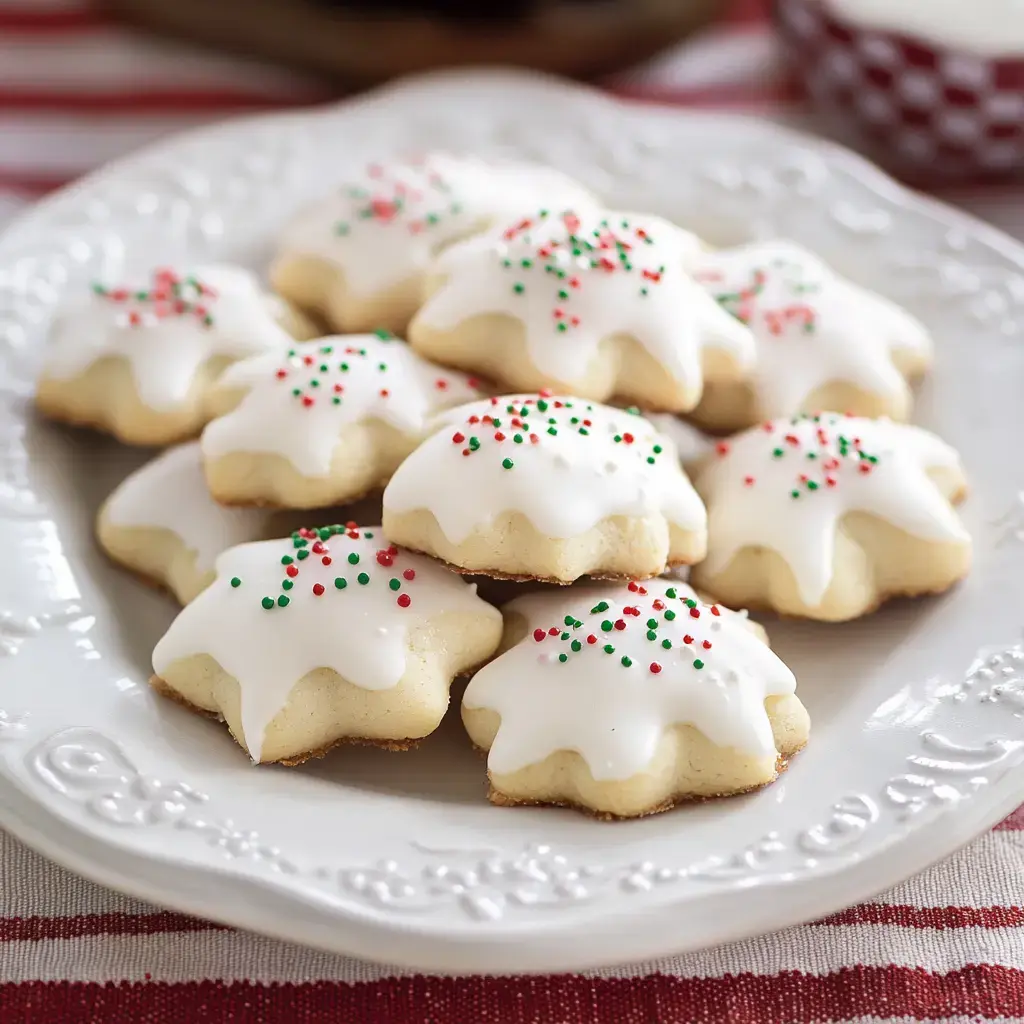 Un plato decorativo contiene varias galletas en forma de estrella cubiertas con glaseado blanco y confites de colores.