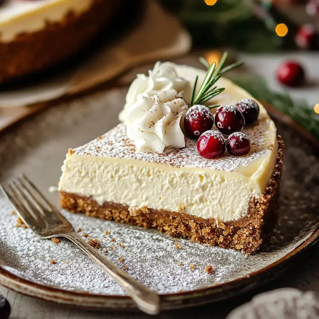 Una porción de tarta de queso cremosa cubierta con nata montada, arándanos y un poco de azúcar glas servida en un plato decorativo.