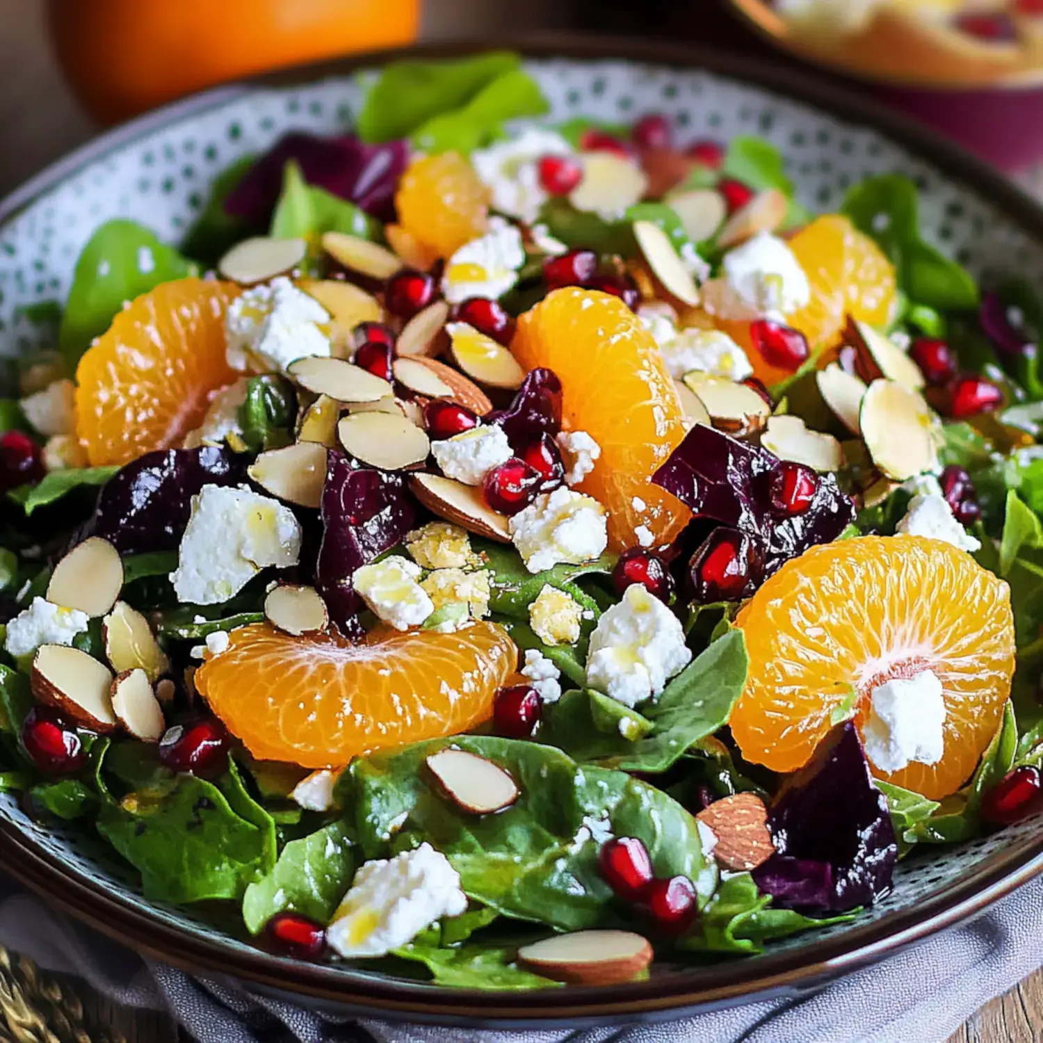Una ensalada vibrante con espinacas, gajos de mandarina, semillas de granada, almendras laminadas y queso fresco desmenuzado.