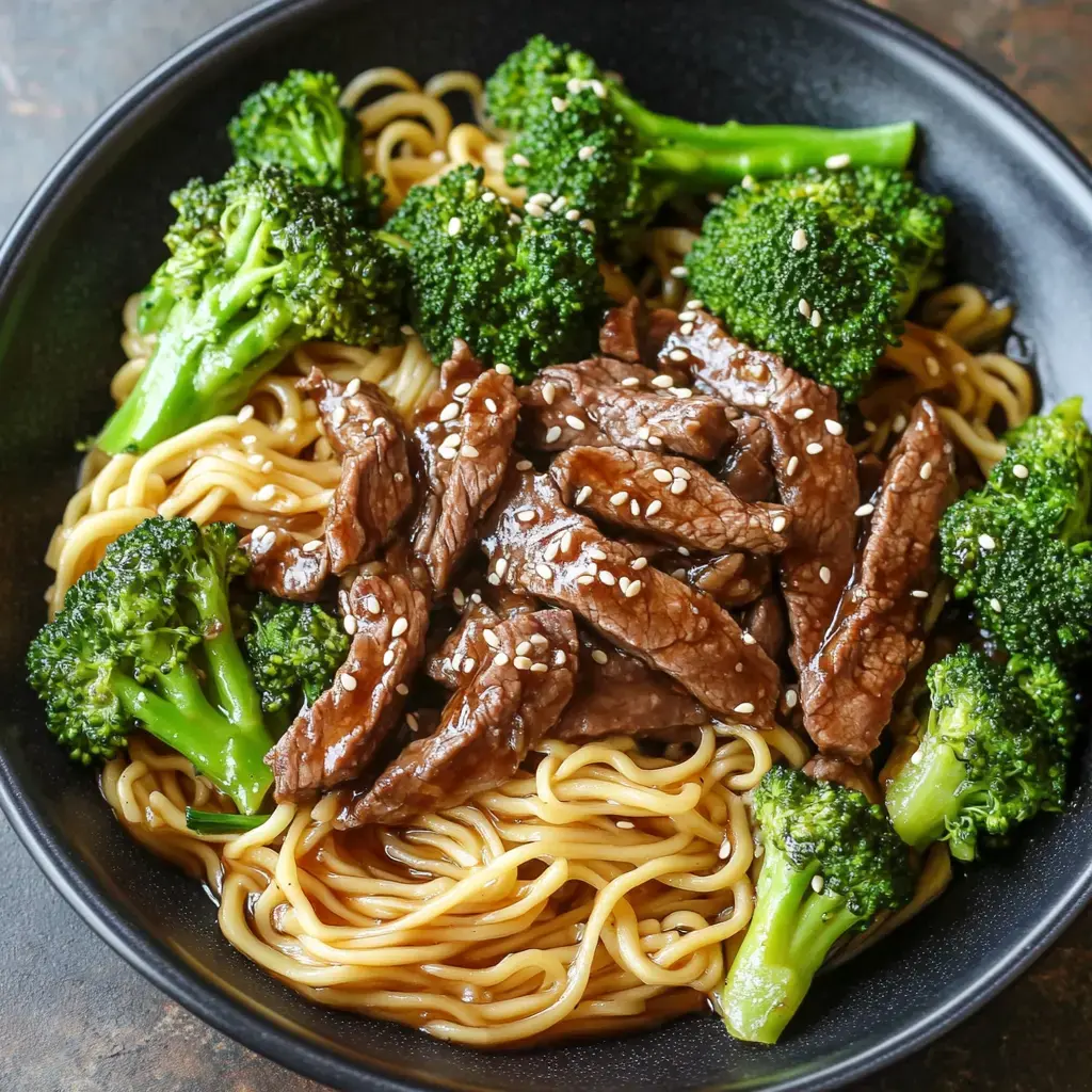 Un bol de fideos salteados coronado con lonchas de ternera y brócoli fresco, decorado con semillas de sésamo.