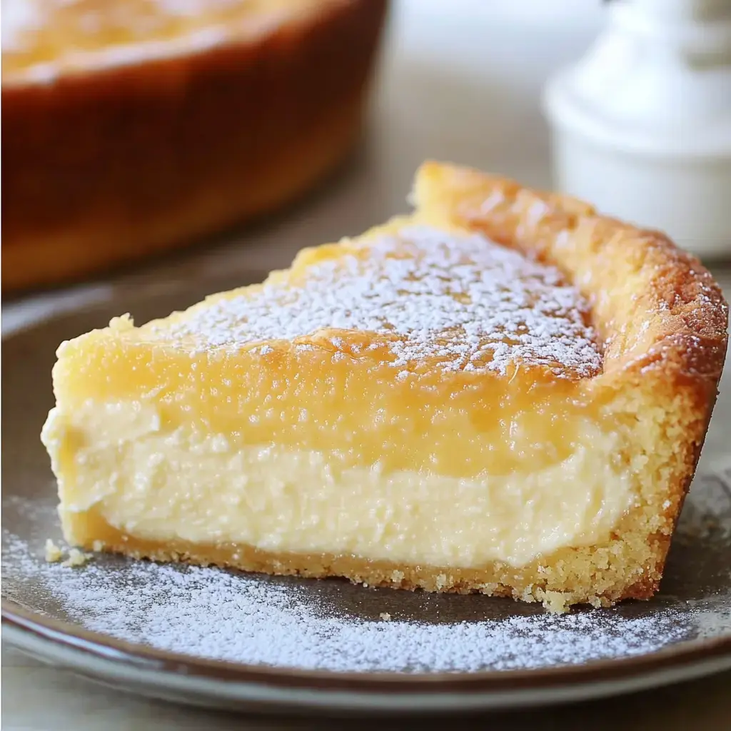 Una porción de tarta de queso cremosa espolvoreada con azúcar glass en un plato marrón.