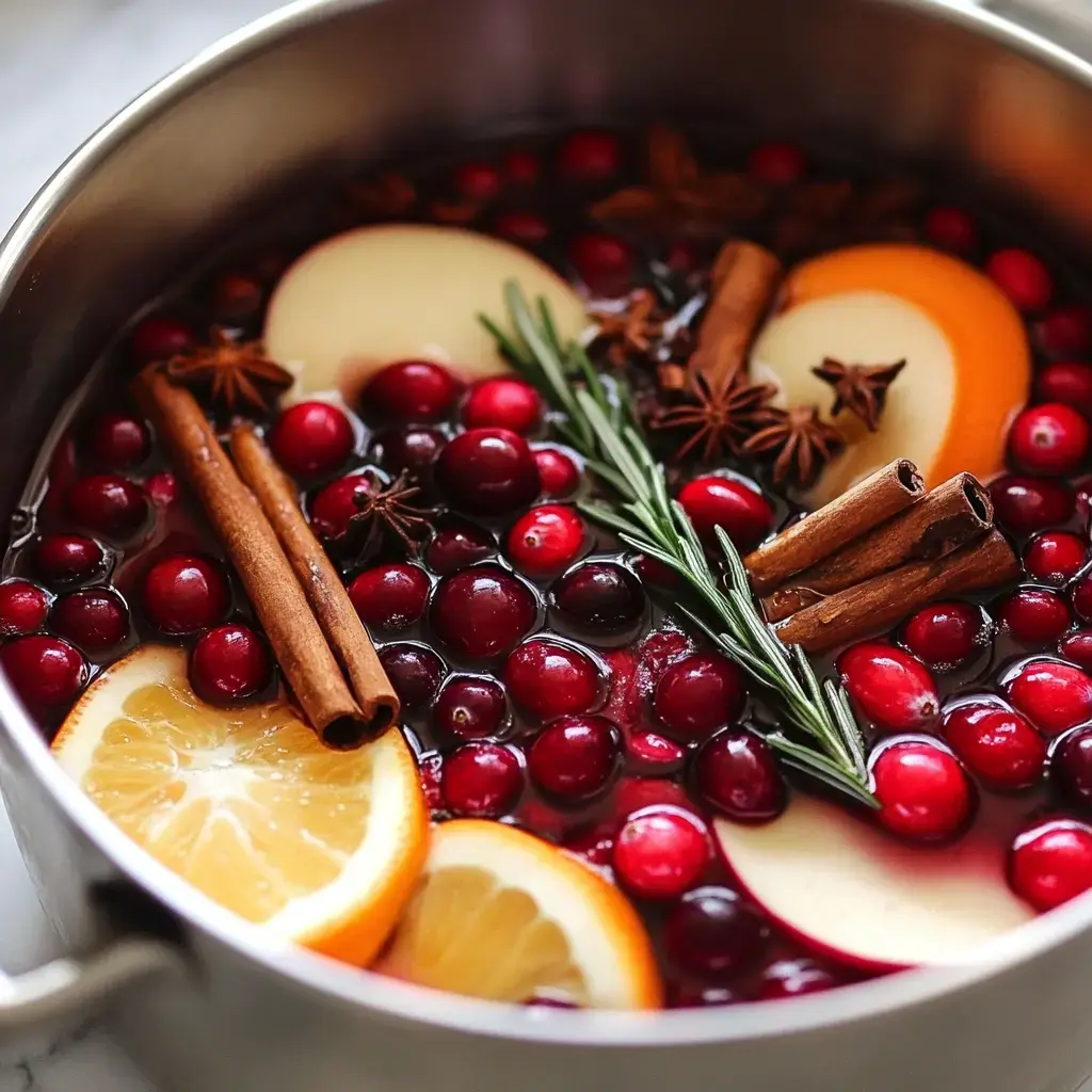 Una olla llena con una mezcla de arándanos, rodajas de manzana, rodajas de naranja, ramas de canela y anís estrellado, creando una bebida festiva.