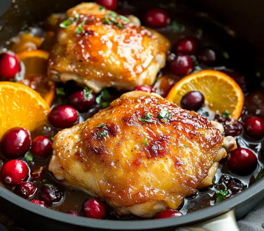Un primer plano de muslos de pollo glaseados rodeados de arándanos y rodajas de naranja en una salsa oscura.