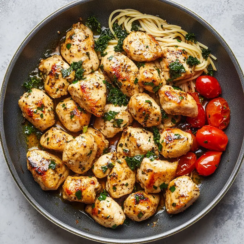 Una sartén llena de trozos de pollo dorados y sazonados, tomates salteados y hierbas verdes, servido con espaguetis.