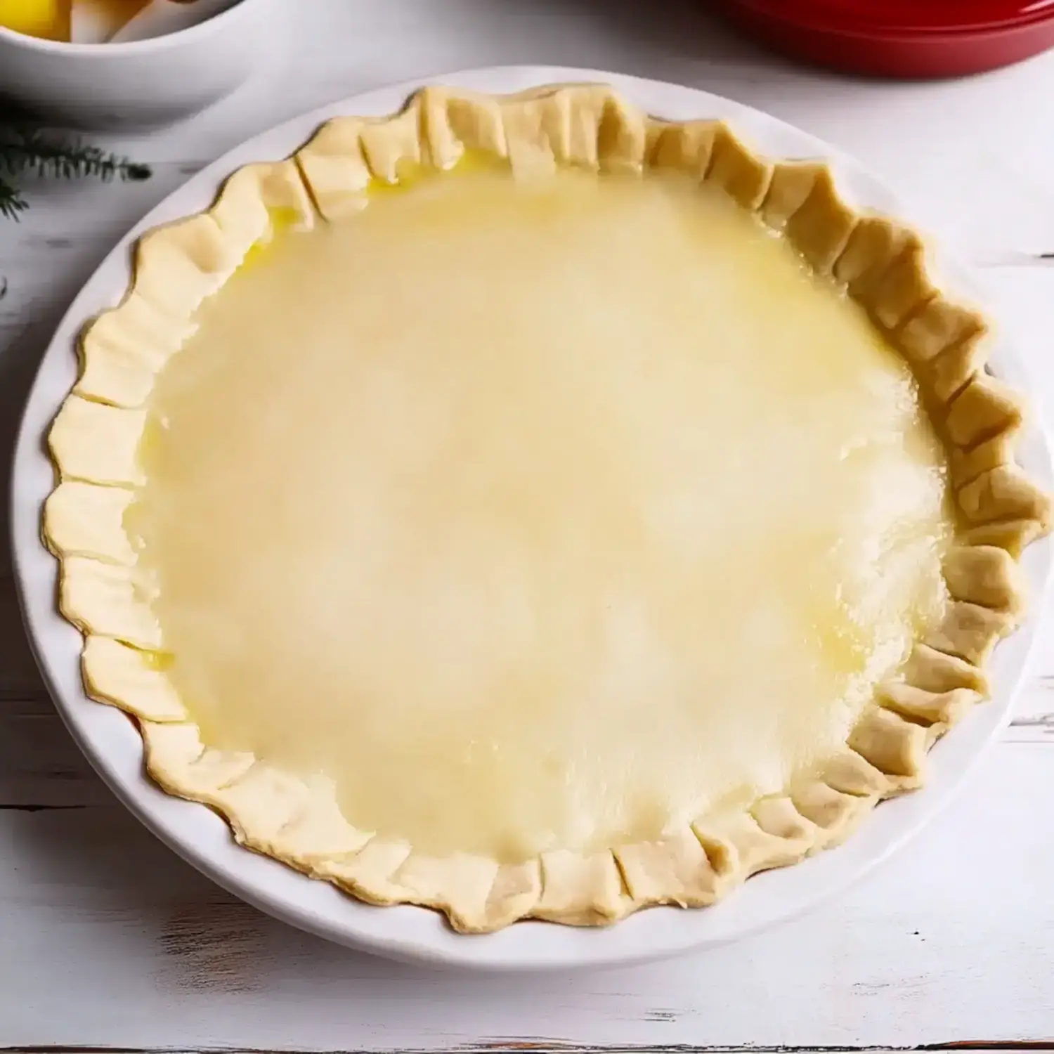 Una masa de pastel llena de un relleno suave y pálido se muestra en un molde blanco sobre una superficie de madera, con ingredientes adicionales visibles en el fondo.