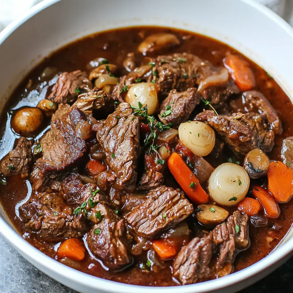 Un plato de estofado de ternera con trozos tiernos de carne, zanahorias, cebollitas y champiñones en un caldo rico y sabroso.