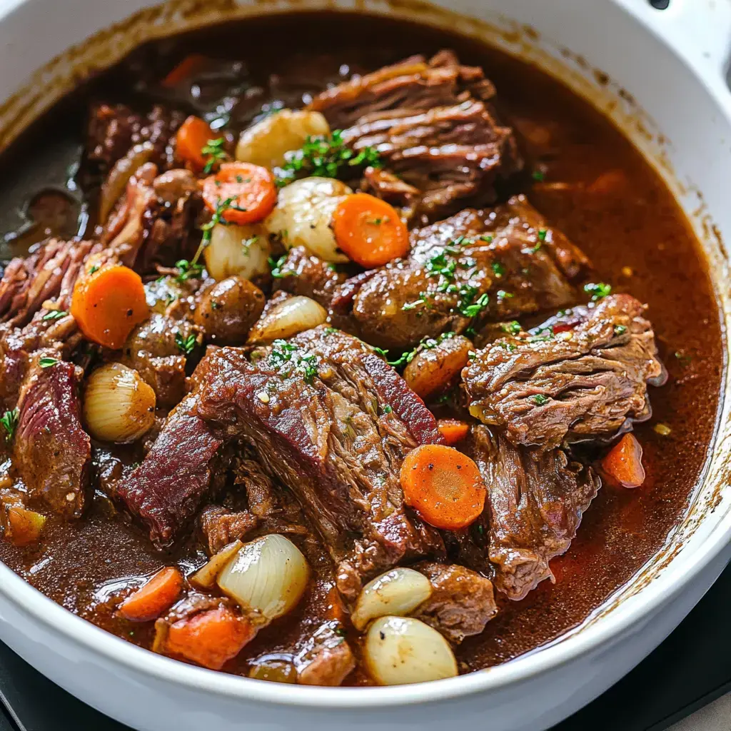 Un contundente plato de ternera tierna cocinada con zanahorias, cebollas y hierbas en una salsa rica.