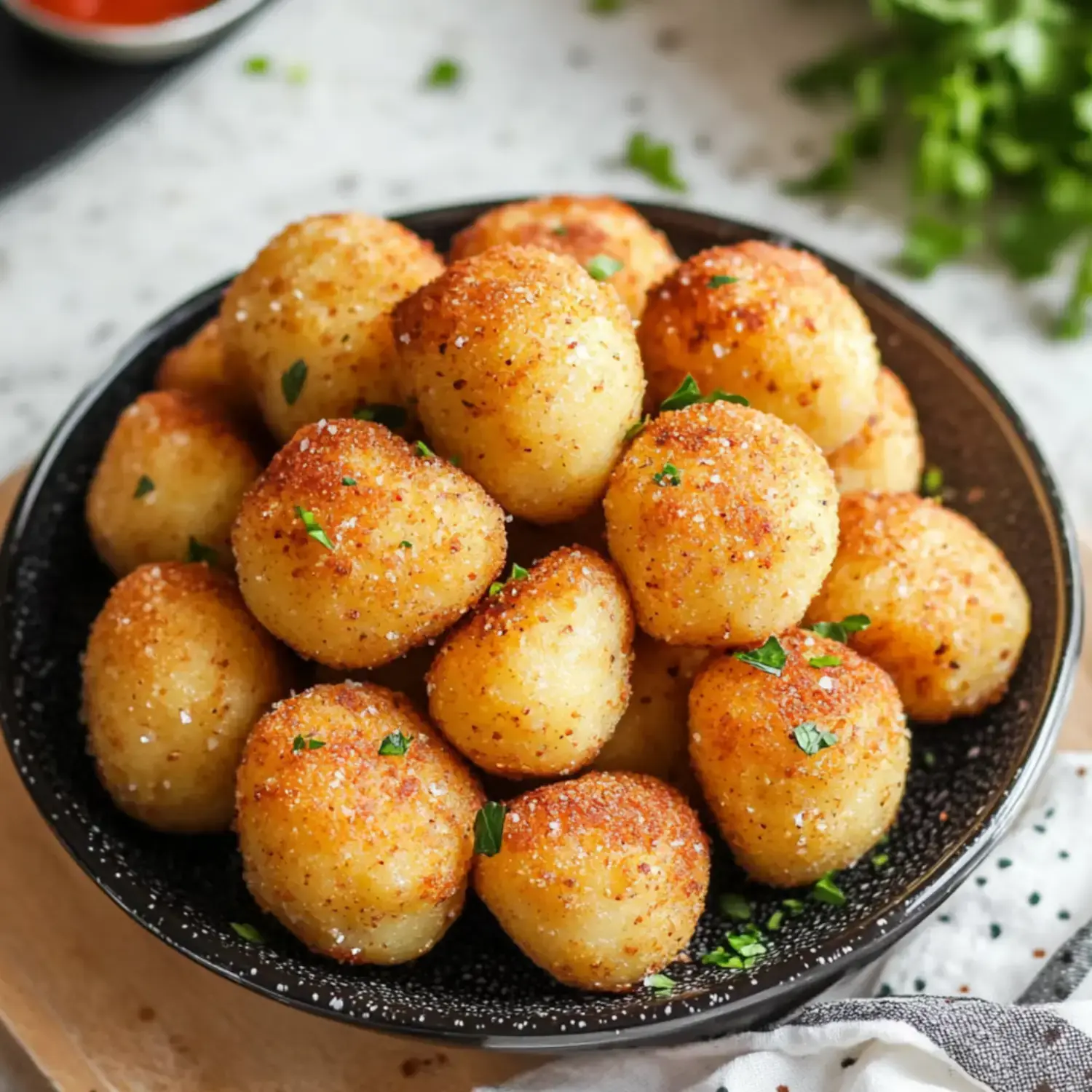 Un primer plano de un cuenco negro lleno de bolitas fritas doradas y crujientes, adornadas con hierbas verdes.