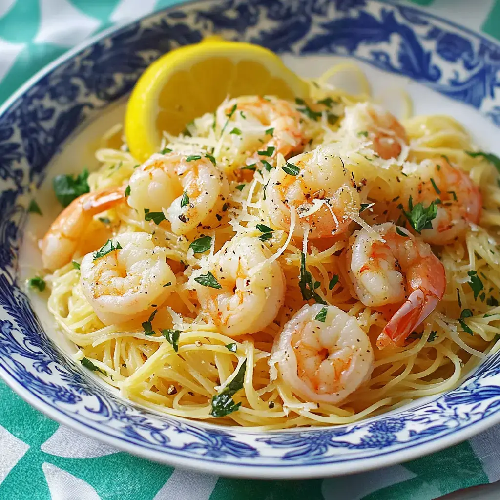 Un plato de linguini cubierto con gambas, perejil y queso rallado, adornado con una rodaja de limón.
