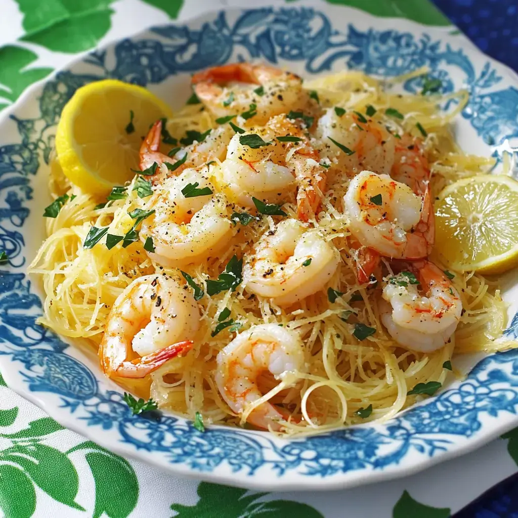 Un plato de espaguetis cubierto con gambas, rodajas de limón y perejil, servido en un plato decorativo con motivos azules.