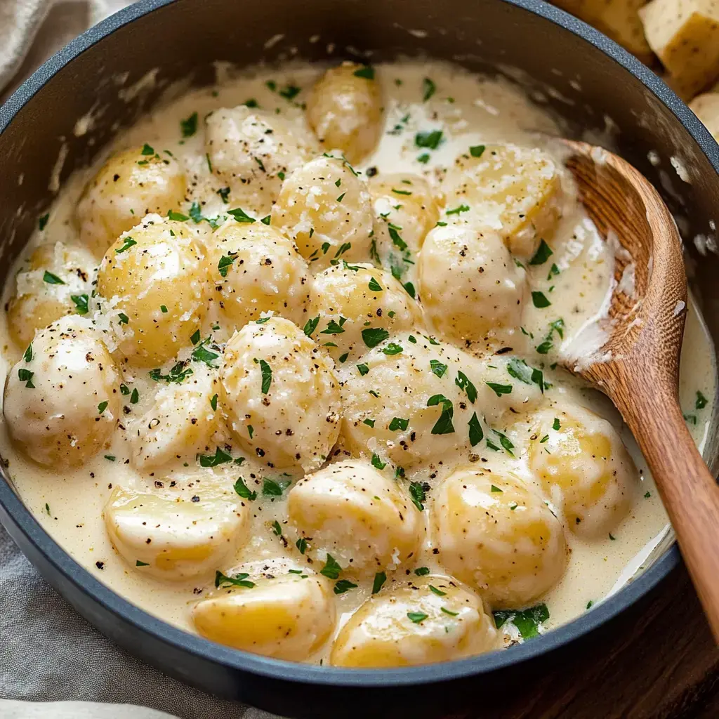 Un plato cremoso de pequeñas patatas amarillas decoradas con perejil y pimienta negra en una olla oscura, junto a una cuchara de madera.