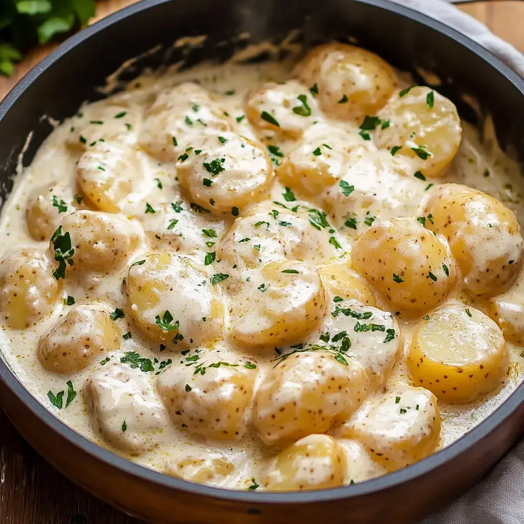 Un bol de patatas cremosas cocinadas y decoradas con perejil.