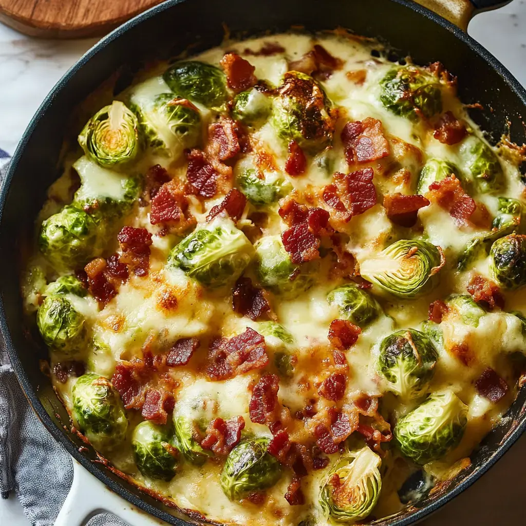 Un plato horneado con coles de Bruselas cubiertas de queso derretido y tocino crujiente.