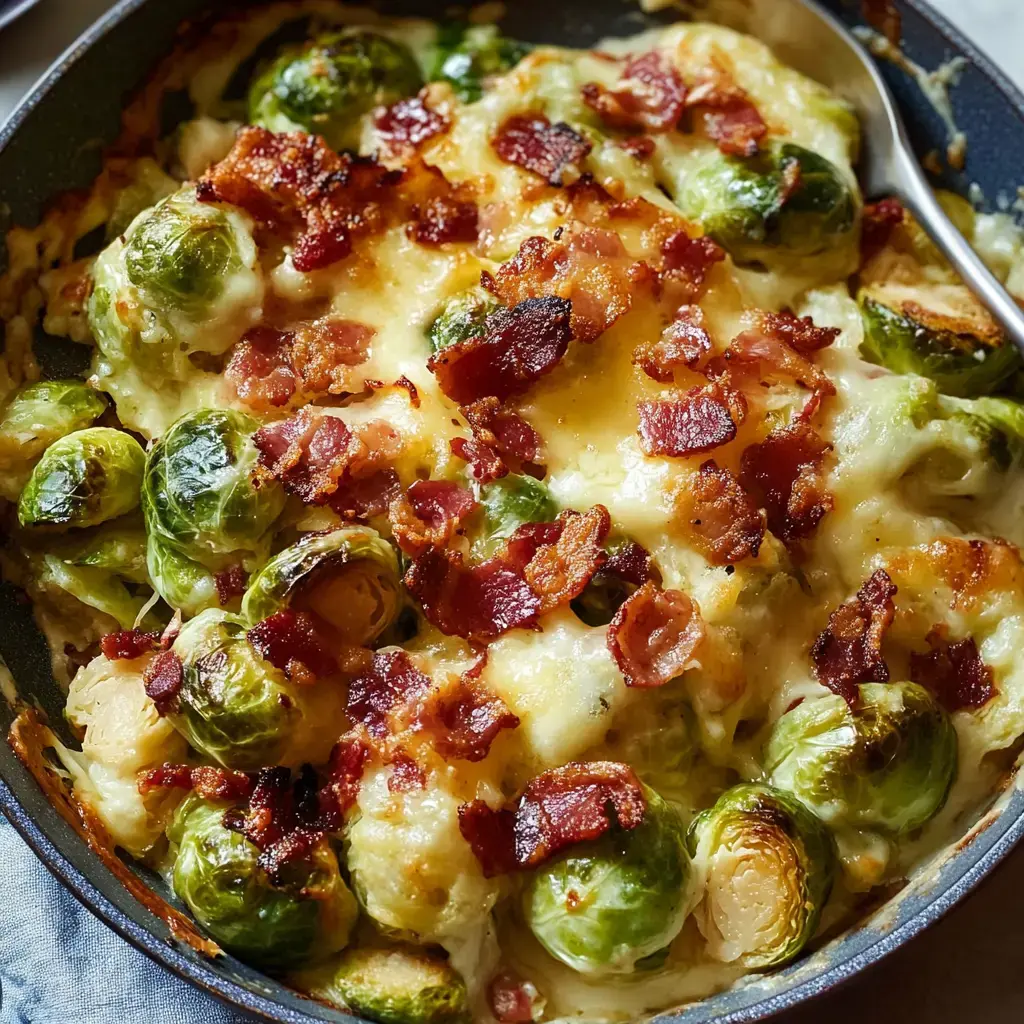 Un plato horneado cremoso con coles de Bruselas cubiertas con tocino crujiente.