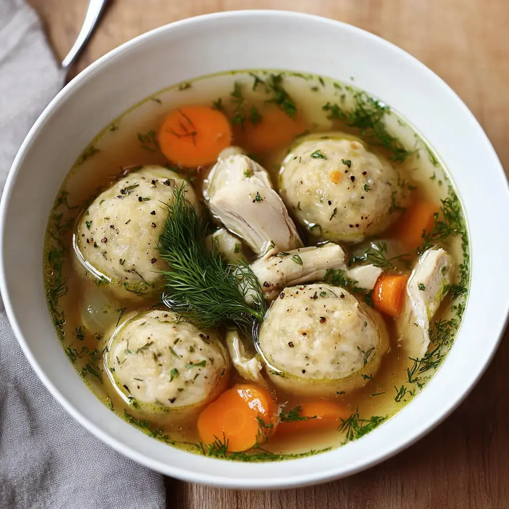 Un tazón de sopa de pollo con albóndigas, zanahorias y eneldo en un caldo transparente.