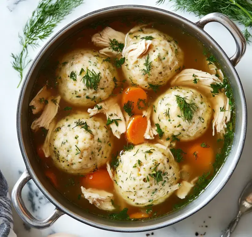 Una olla de sopa de pollo con albóndigas, pollo desmenuzado y zanahorias, adornada con hierbas frescas.