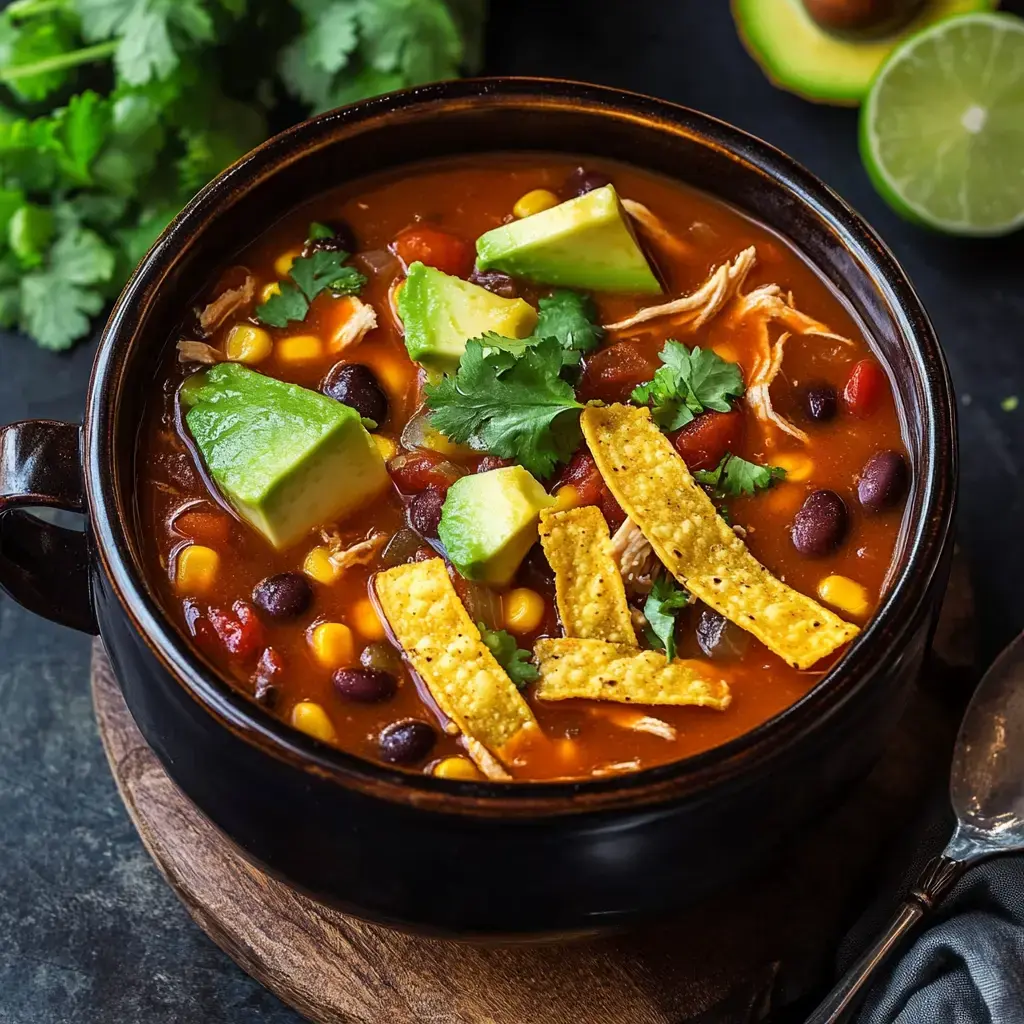 Un plato de sopa sustanciosa cubierta con aguacate, cilantro y tiras de tortilla, rodeada de ingredientes frescos.