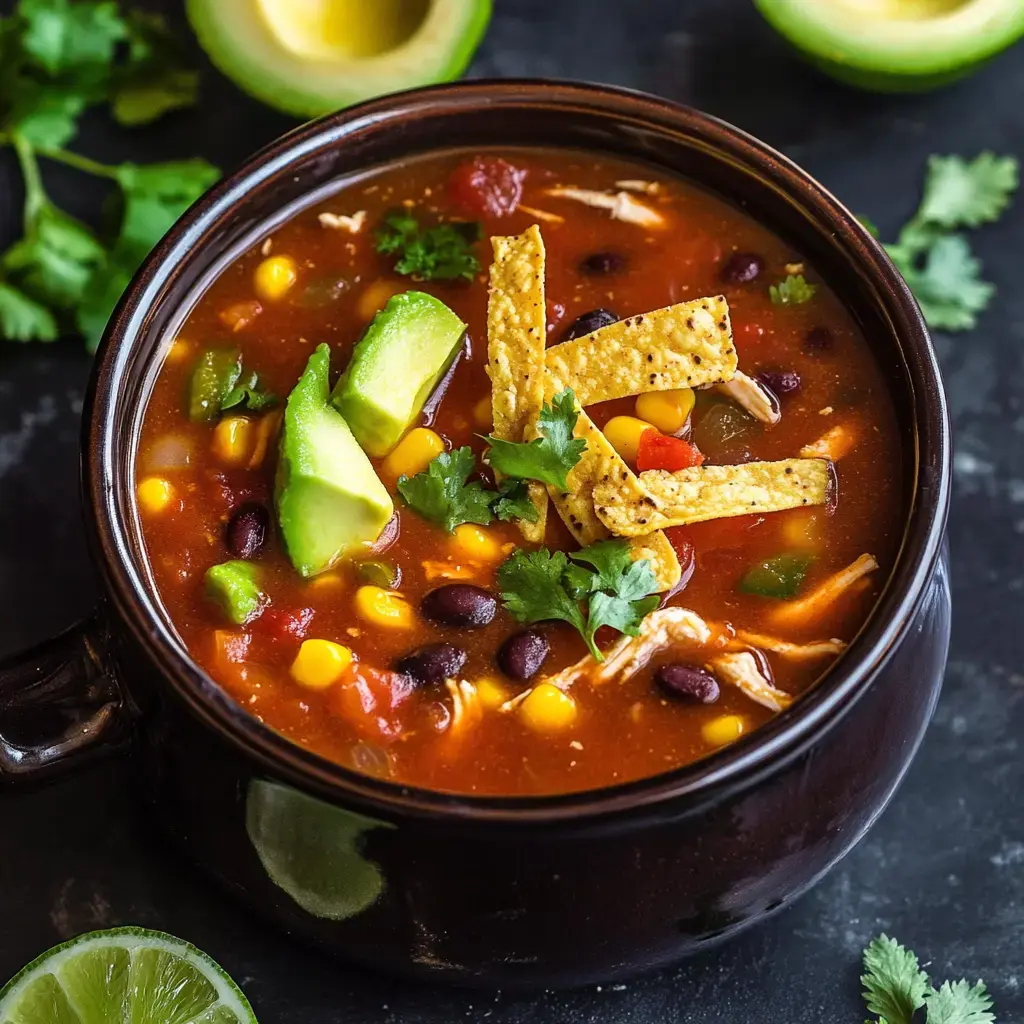 Un tazón de sopa sustanciosa cubierta con aguacate, tiras de tortilla, cilantro y vegetales coloridos.