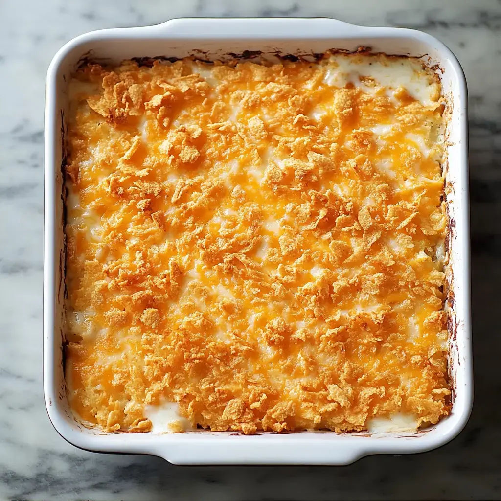 Una cacerola horneada cubierta con una capa dorada y crujiente de cereales de maíz y queso derretido.