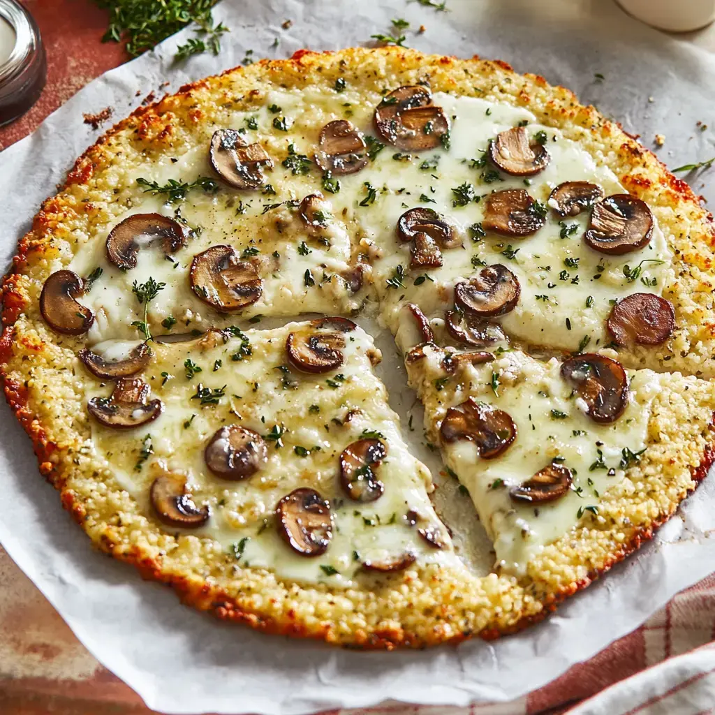 Una pizza de champiñones recién horneada con base dorada y queso derretido, parcialmente cortada, sobre papel de hornear.
