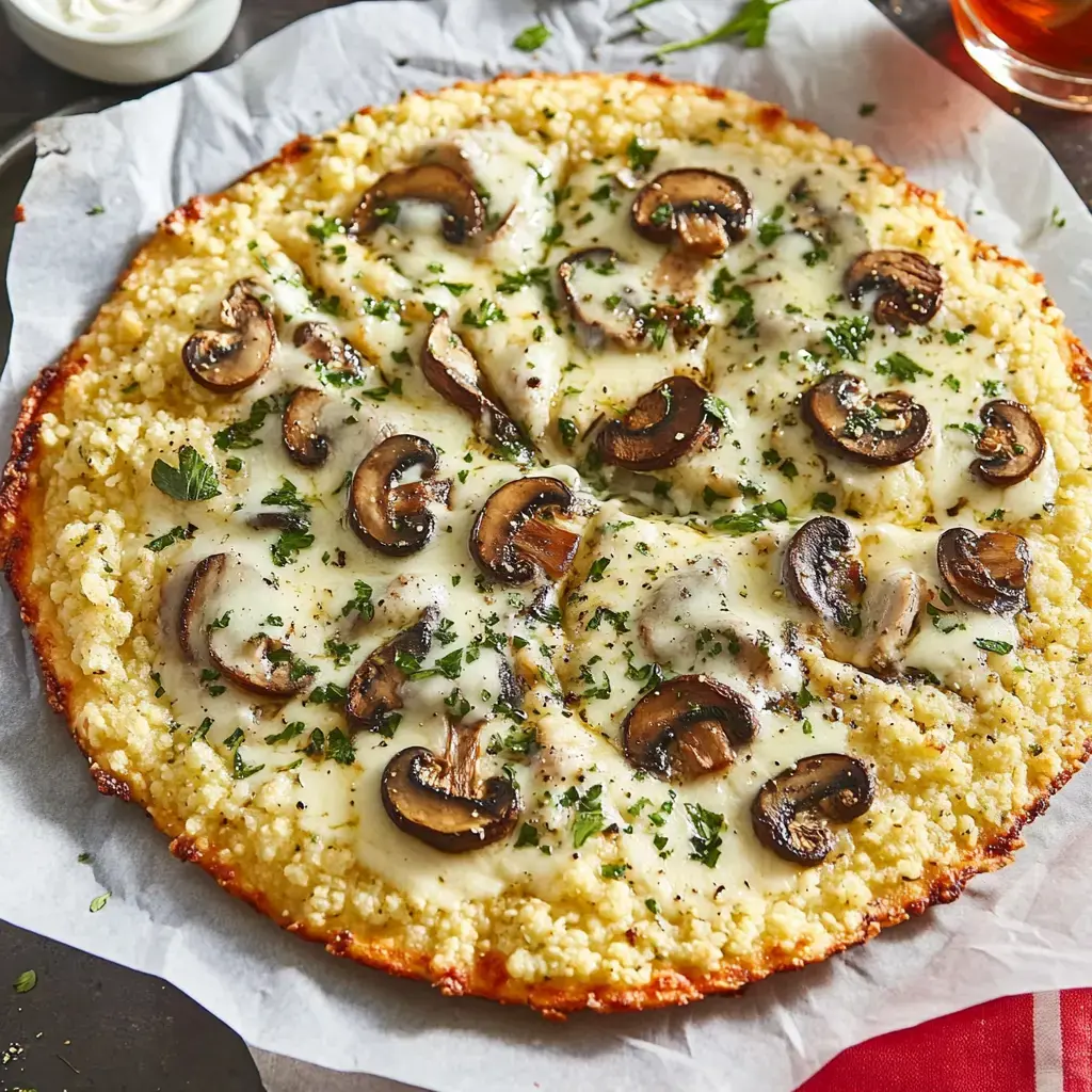 Una pizza dorada cubierta con queso derretido, champiñones en rodajas y espolvoreada con perejil.