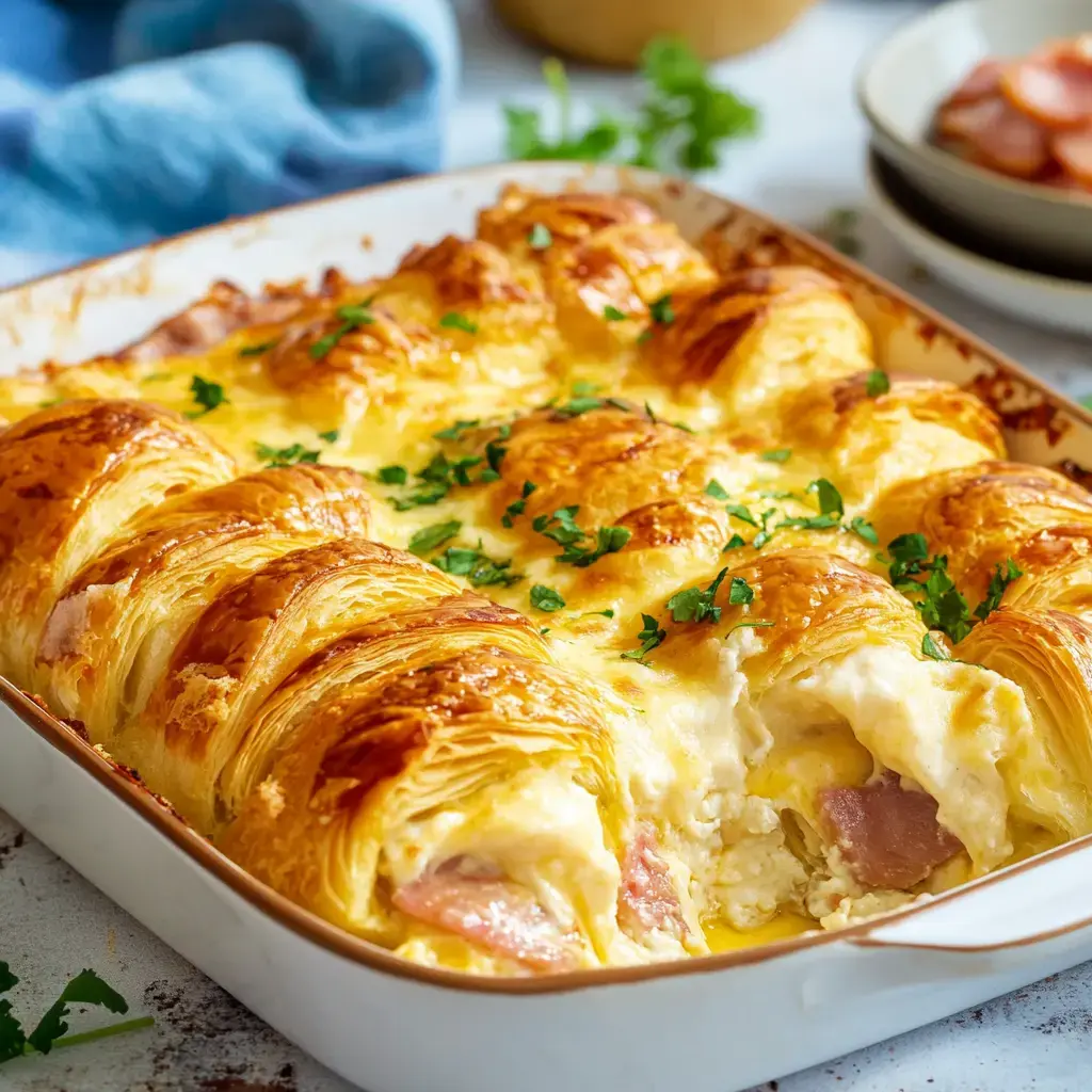 Un primer plano de un plato horneado de croissants dorados con relleno cremoso y decorado con perejil fresco.