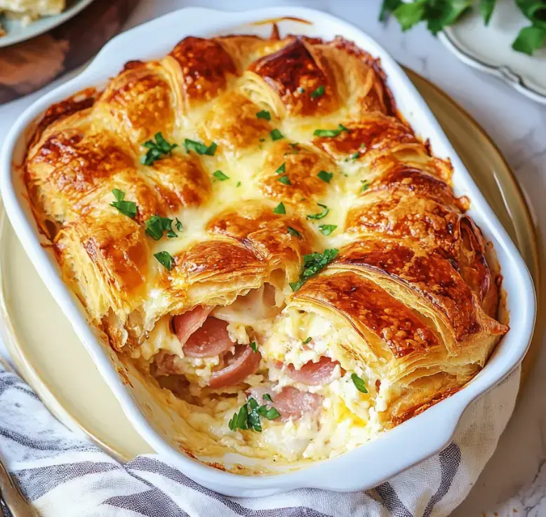 Un plato dorado de hojaldre relleno de jamón y queso, decorado con perejil, servido en una fuente blanca para horno.