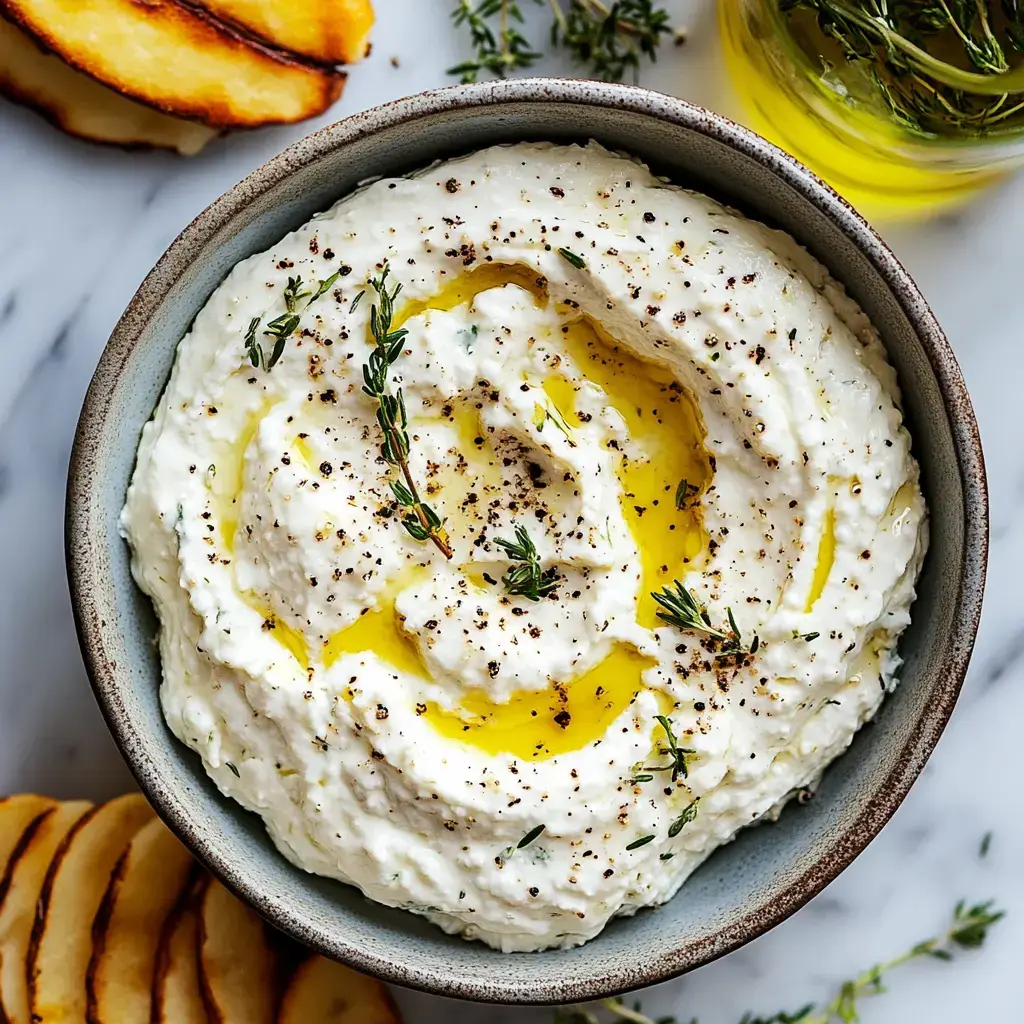 Un cuenco de dip cremoso de queso rociado con aceite de oliva, espolvoreado con pimienta negra y decorado con tomillo fresco, acompañado de rebanadas de pan tostado.