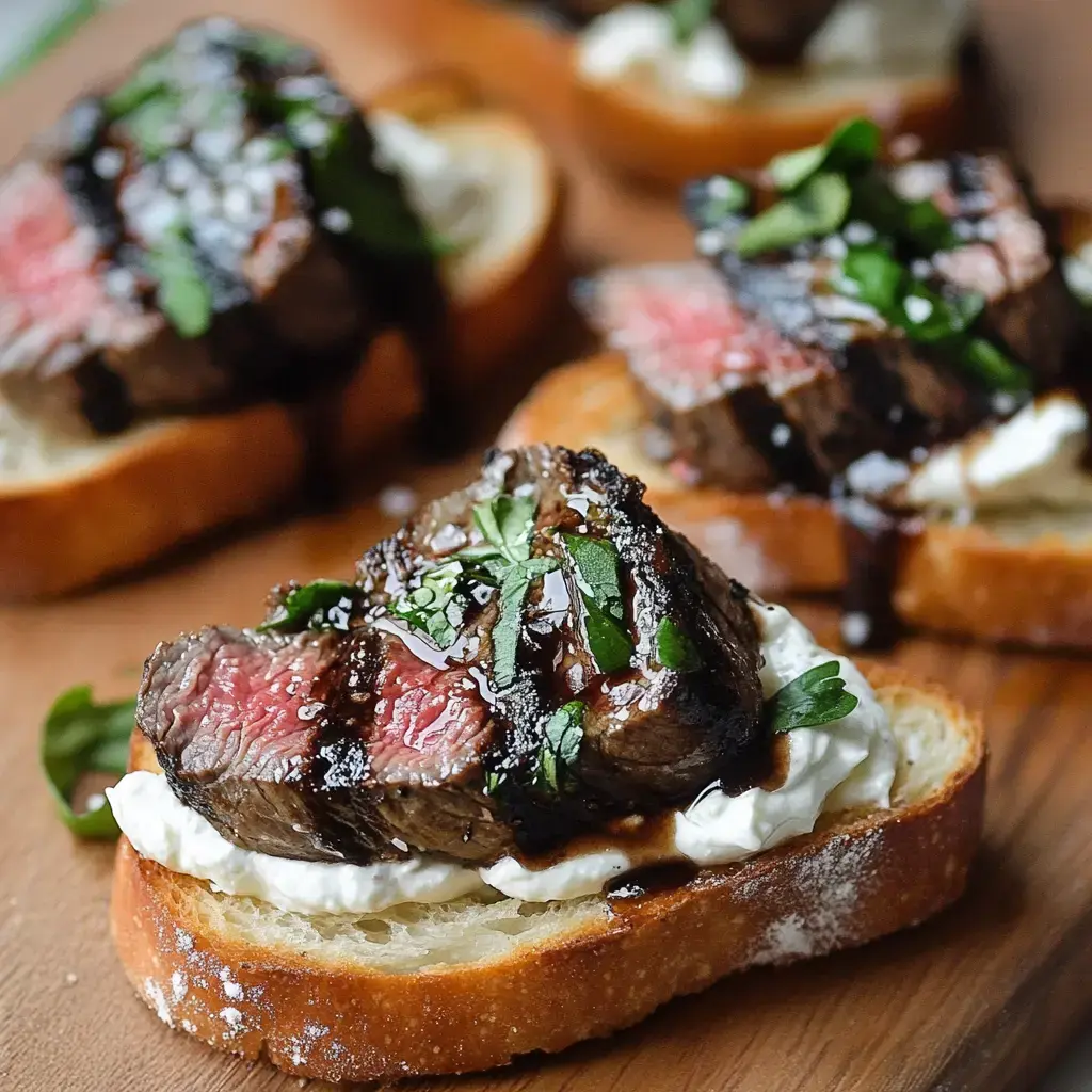Lonchas de solomillo a la parrilla coronadas con hierbas y reducción balsámica sobre pan tostado con una crema untable.