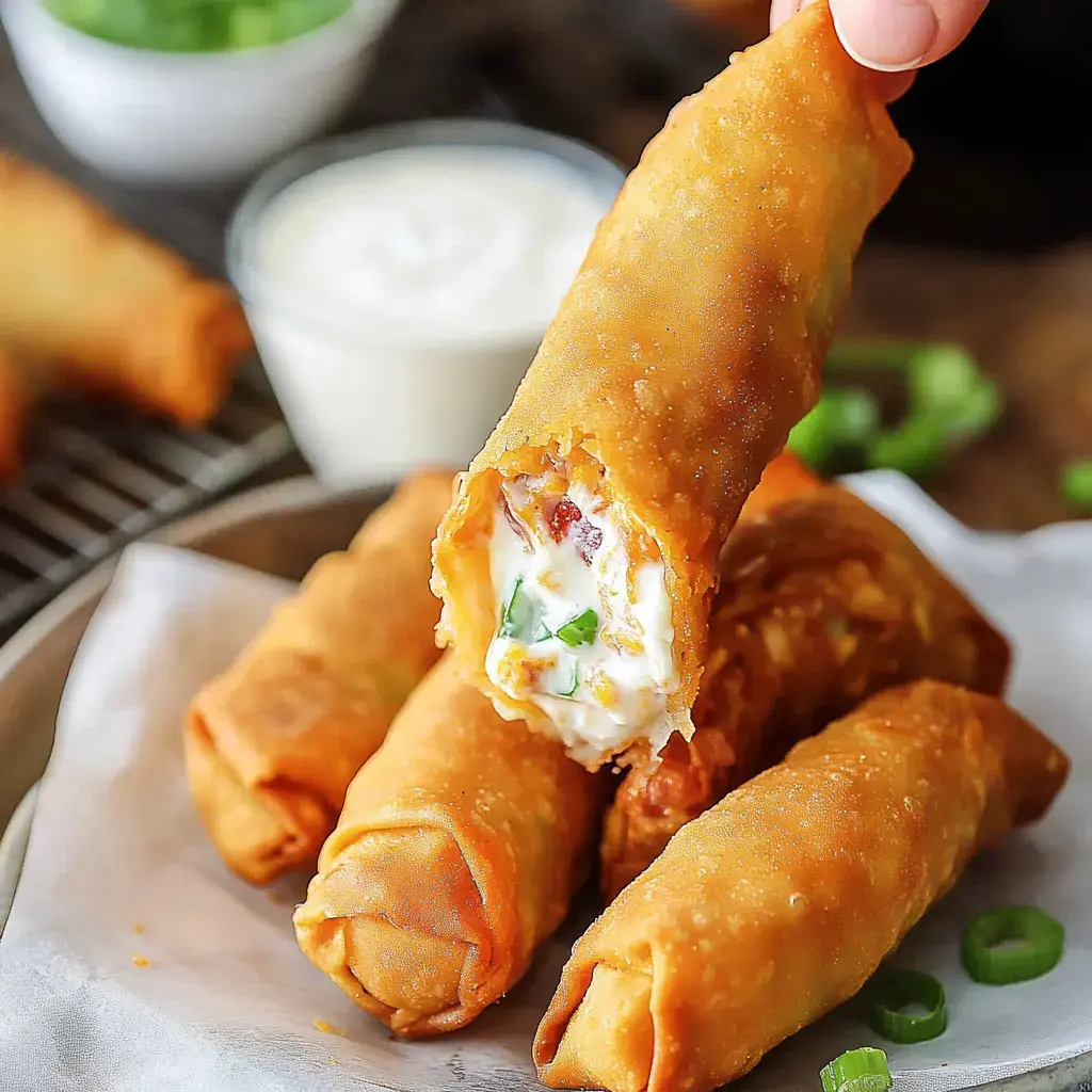 Una mano sostiene un rollito dorado y crujiente con relleno cremoso, rodeado de más rollitos y un pequeño cuenco de salsa para mojar.