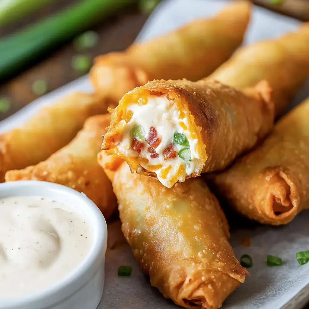 Un primer plano de rollitos fritos crujientes rellenos de queso cremoso, tocino y cebolletas, acompañados de una salsa para mojar.