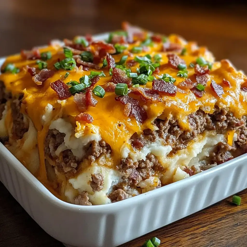 Un primer plano de una cazuela por capas con carne picada, puré de papas, queso manchego derretido, trocitos de tocino crujiente y cebolletas por encima.