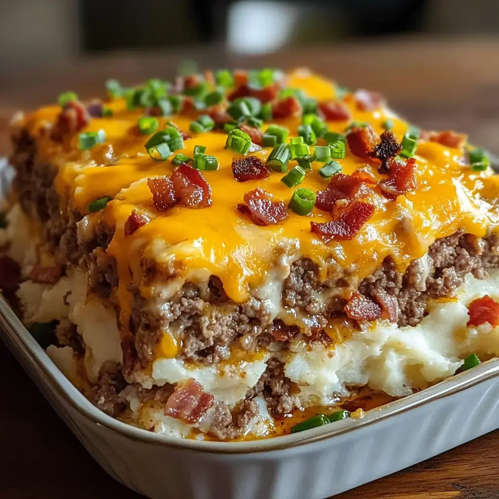 Una cazuela por capas con carne picada, puré de papas, queso manchego, cubierta con tocino y cebolletas.