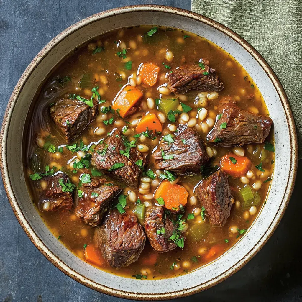 Un tazón de guiso sustancioso con carne tierna, zanahorias, apio, cebada y decorado con perejil fresco.