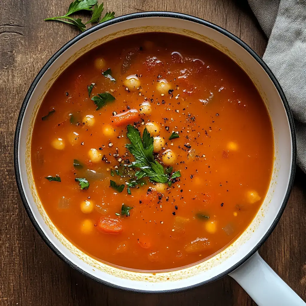 Un tazón de vibrante sopa de tomate decorada con perejil, con verduras y pasta pequeña, presentada sobre una mesa de madera.