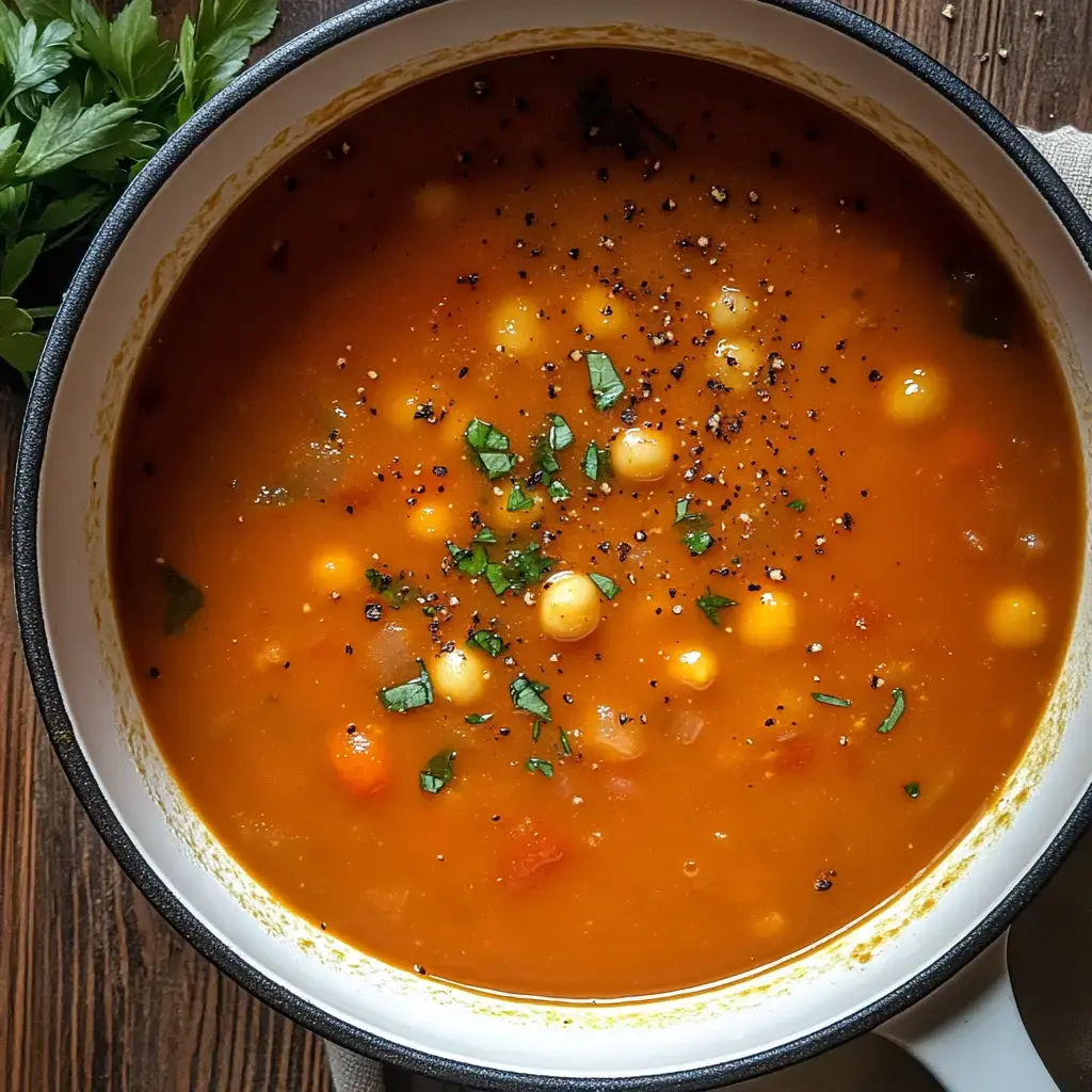 Un primer plano de un tazón de colorida sopa de verduras adornada con hierbas picadas y especias.