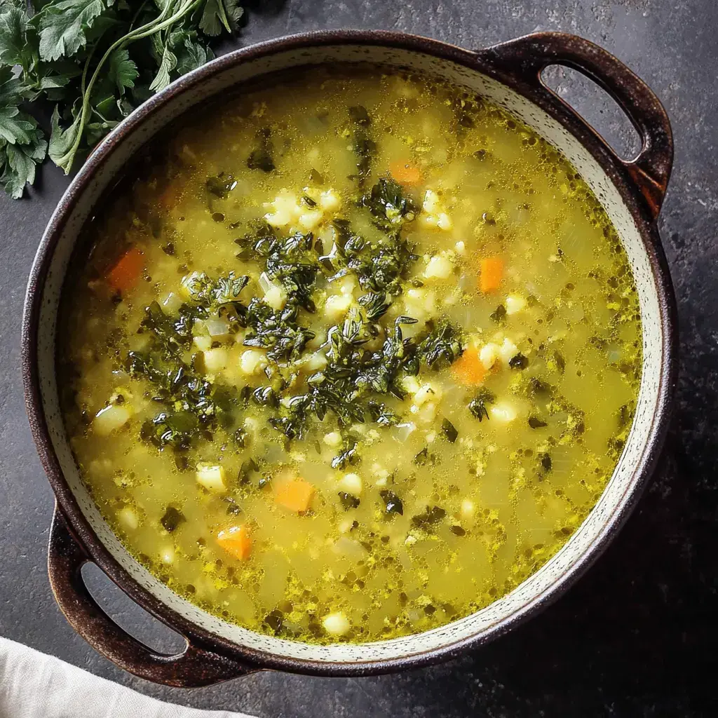 Un abundante tazón de sopa verde de verduras adornado con hierbas frescas y servido en una olla rústica oscura.