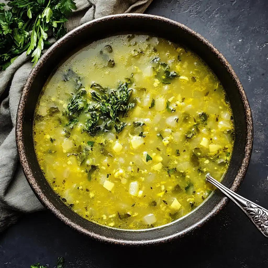 Un tazón rústico de sopa amarillo-verde adornado con hierbas frescas, rodeado de un paño texturizado y verduras.