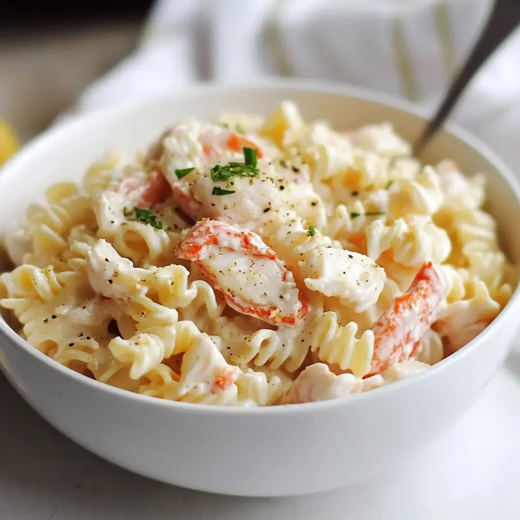 Un bol de pasta cremosa con gambas, decorada con perejil y espolvoreada con pimienta negra.
